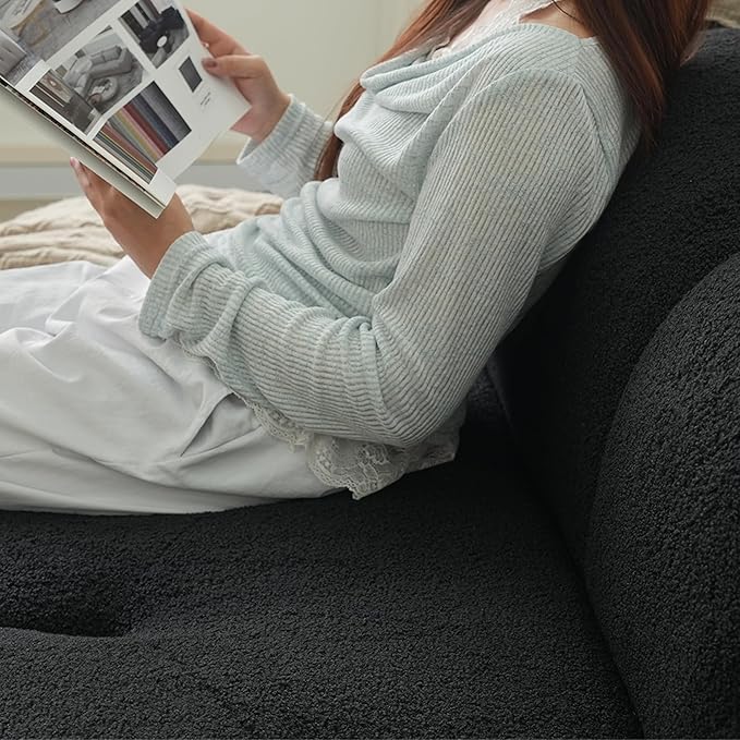 Modern Curved Sofa 3 Seater Soft Sherpa Upholstered Sofa Minimalist Style Comfy Cloud Couch for Living Room Apartment Black
