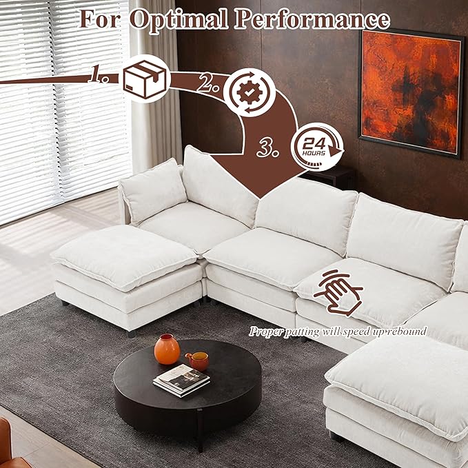 108 U Shaped Couch Comfy Cloud Modular Sectional Sofa with Movable Ottoman Deep Seat Chenille Modern Cloud Sofa Sectional Couches for Living Room Apartment (Beige 4 Seater with 1 Ottoman)