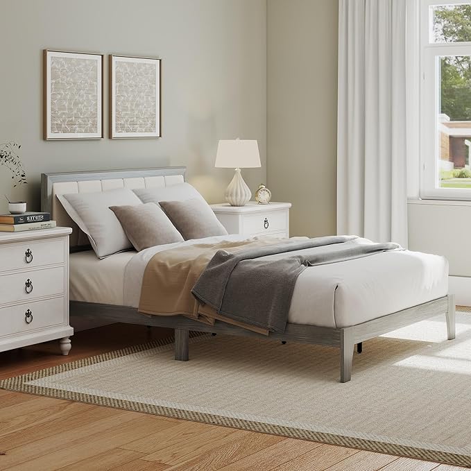 HOMCOM Full Size Bed Frame with Upholstered Headboard Platform Bed Frame with Wooden Slats No Box Spring Needed Easy Assembly Gray