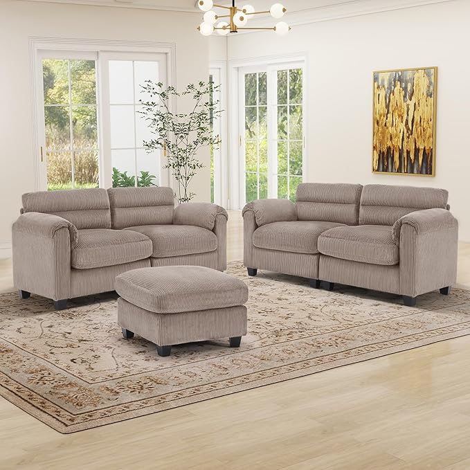Corduroy Sofa Set Upholstered Ottoman Loveseat Set of 2with Plush Cushions and Rolled Arms Modern Living Room Furniture SetsBrown