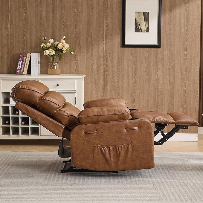 PU Leather Extra Wide Manual Recliner Chair for Adults with Massage &amp Heat Oversized Lazy Recliner with 1.5X Thick Sponge Comfort for Living Room BedroomBrown
