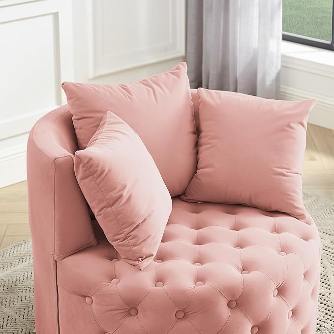 Velvet Swivel Barrel ChairModern Upholstered Accent Chair with WheelsLarge Single Sofa Chair for Living Room Club Bedroom Home Office (Pink+Velvet)