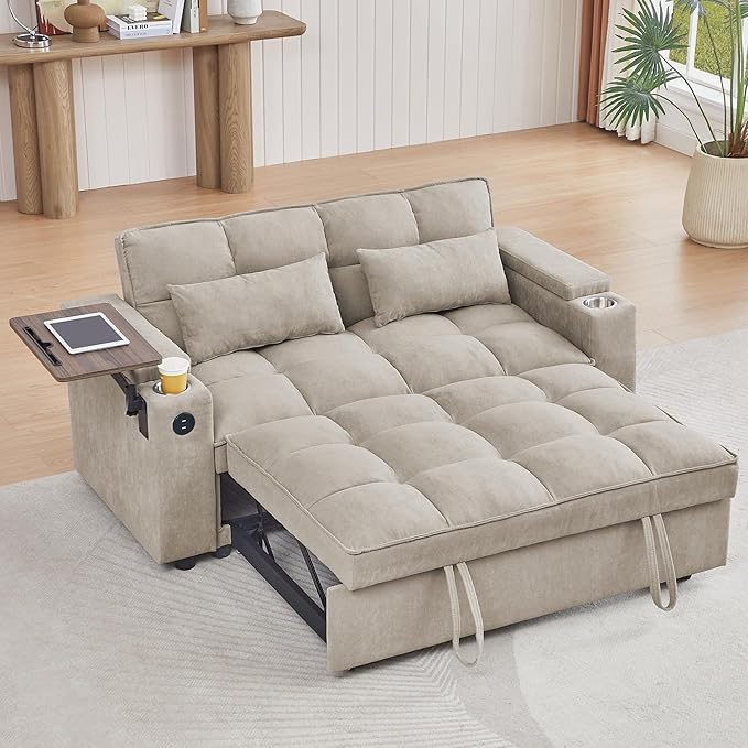65 Cloud Couch Sleeper Sofa Bed with USB Charging Port &amp Side Pocket Chenille Fabric Pull-Out Sofa with Thick Cushions High Resilience Foam &amp Pillows for Living Room Apartment Small Space