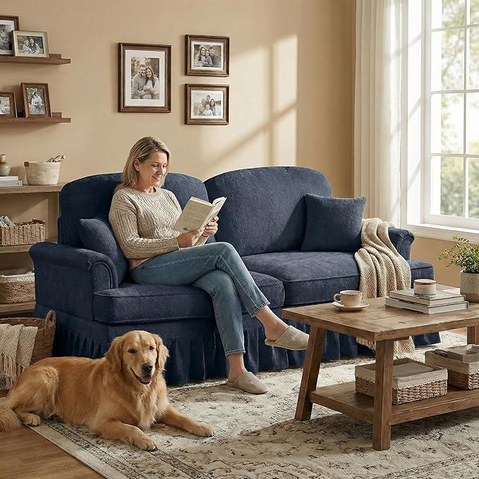 Casaphoria Mid-Century Modern Oversized Loveseat Sofa 2-Seater Chenille Couch with Removable Ruffle Skirt Flared Arms Spindle Legs &amp Throw Pillow for Living Room Apartment