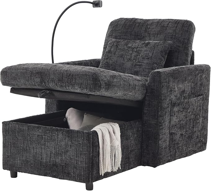 32 Comfy Chaise Lounge Sofa Bed Chair with Storage Side Pockets Phone Holder &amp 2 Pillows Modern Chenille Upholstered Sleeper Sofa Leisure Chair for Living Room Bedroom Small Spaces (Black)