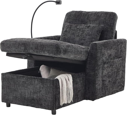 32 Comfy Chaise Lounge Sofa Bed Chair with Storage Side Pockets Phone Holder &amp 2 Pillows Modern Chenille Upholstered Sleeper Sofa Leisure Chair for Living Room Bedroom Small Spaces (Black)