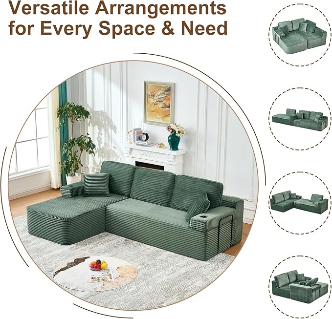 Cloud Sectional Couch with L-Shape ChaiseModern Minimalist Upholstered Couches with Deep SeatCorduroy Boneless Couches for Living Room Bedroom (Green 105 L-Shaped Left Chaise)