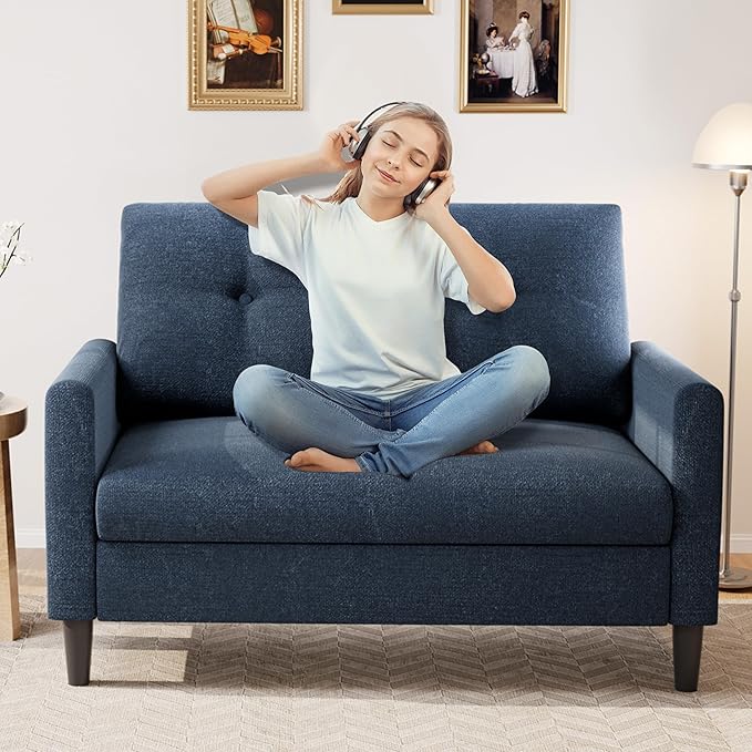 Vipbear 50 Small Loveseat Sofa Small Couch for Living Room Bedroom Office Comfy Love Seat with Deep Seat Spring Cushion Solid Wood Frame Tool-Free Assembly Navy Blue Chenille