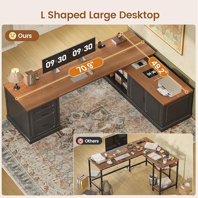 SEDETA Farmhouse L Shaped Desk with Drawers 70.9 Home Office Desk with Storage Cabinet and Storage Shelves L Shaped Computer Desk with Power OutletBlack
