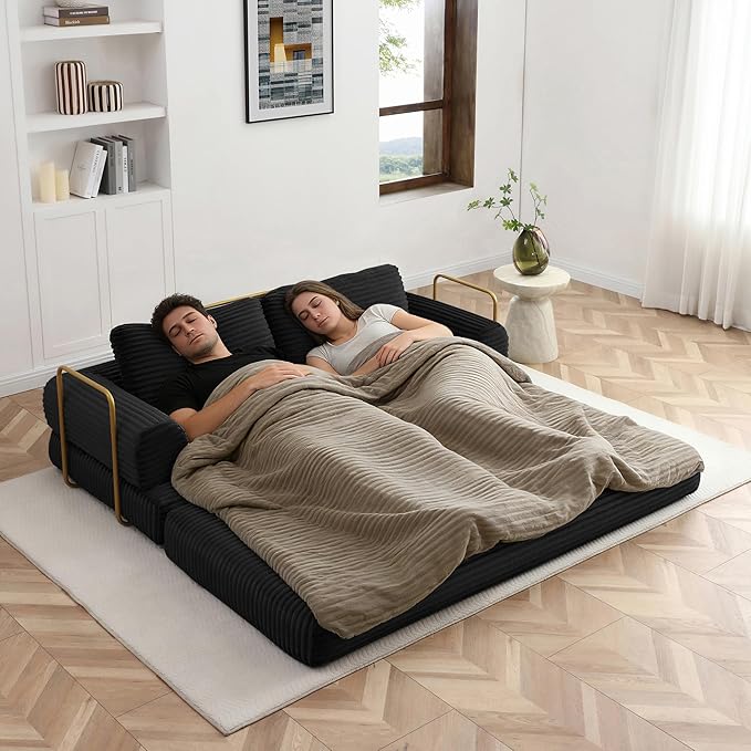 80 Convertible Sofa Bed Modern Corduroy Sleeper Sofa Folding Floor Couch with Golden Fixed-Shape Frame Black Boneless Loveseat Sofas Bed for Living Room Bedroom No Assembly Needed