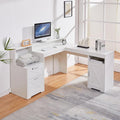 60 L Shaped Executive Desk with Printer SpaceCorner Computer Desk with Power OutletsLockable Drawers &amp Adjustable File CabnetL Shaped Office Desk with Monitor Stand (White)