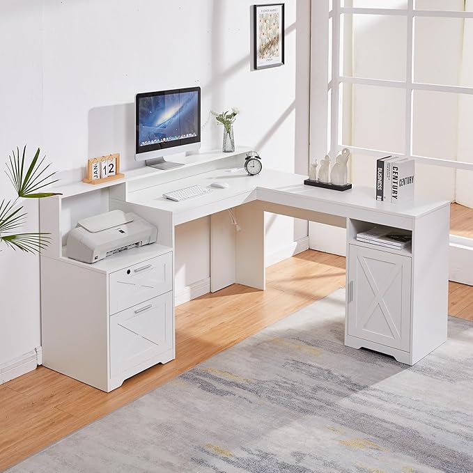 60 L Shaped Executive Desk with Printer SpaceCorner Computer Desk with Power OutletsLockable Drawers &amp Adjustable File CabnetL Shaped Office Desk with Monitor Stand (White)