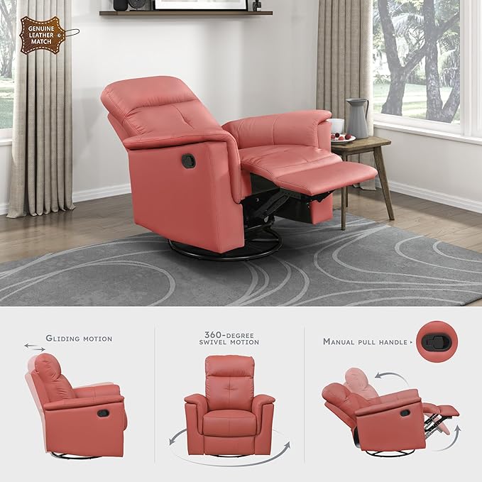 Lexicon Swivel Glider Recliner Chair Comfy Nursery Glider Top Grain Leather Match Recliner Manual Reclining Chair for Living Room/Office/Apartment Red