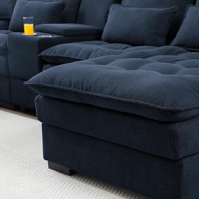 KEIKI 130 U-Shaped 6 seat Sofa with Storage Console Cup Holders Upholstered Sectional Sofa Button Tufted Cloud Cushion Couch for Home Office Apartment Blue