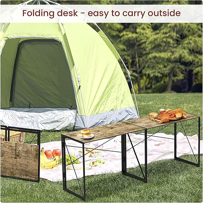 Folding Computer Desk for Home Office – 39 Small Portable Writing Desk Light Brown Oak and Black Frame Space-Saving Modern Study Table No Assembly Required