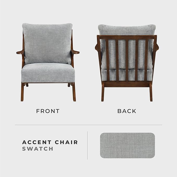Lexicon Mid Century Modern Accent Chair Pascal Brown Solid Rubberwood Frame Reversible Back Cushion Woven Chenille Upholstered Reading Chair for Living Room/Bedroom/Office Grey