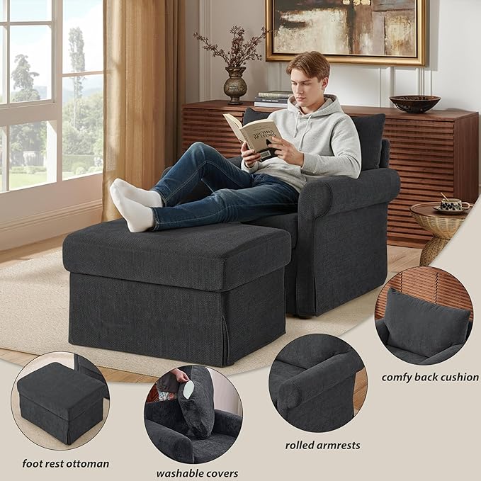 Modern Accent Chairs with Ottoman Comfy Chenille Reading Armchair with Rolled Arms and Cushion Backrest 35.8 W Chaise Lounge Chair for Living Room Bedroom Study Apartment Dark Grey
