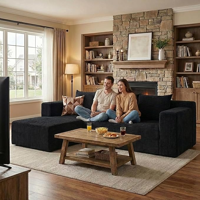 103 Boneless Corduroy Sectional Couch with Left Chaise Modular L Shaped Black Couches for Living Room Large Minimalist Modern Deep Seat Floor Sofa Set No Assembly