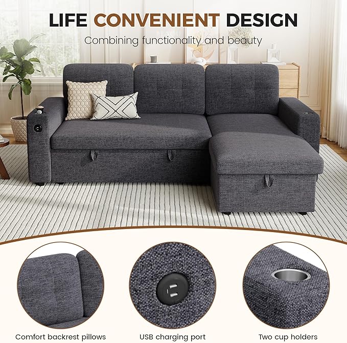 83'' Pull Out Sofa Bed 2 in 1 Convertible Sleeper Sofa Couch with Storage Chaise &amp USB Charging Comfy Linen Modular Couches for Living Room ApartmentDark Grey 1 PCS