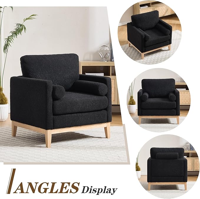 Mlmh &amp Kngwa 35.43 W Accent Chairs with Ottoman Upholstered Accent Chairs Ottoman Set with Natural Wood Legs Single Sofa Wingback Armchair for Living Room Bedroom Black