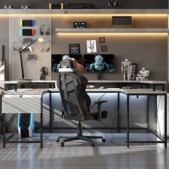U Shaped Computer Gaming Desk 79’’ Reversible l Shaped Computer Desk with Power Outlet &amp LED Strip Office Desk with Monitor Stand Large Corner Desk with Storage Bag for Bedroom Office Grey