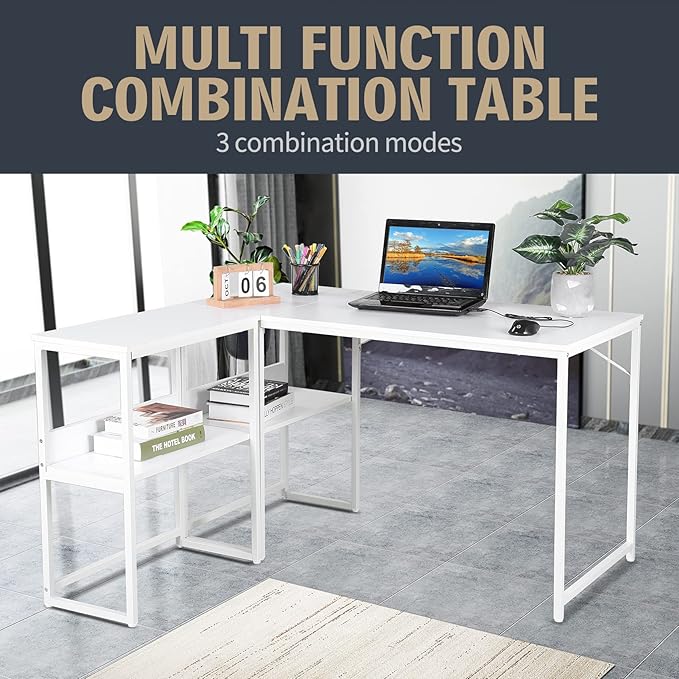 UNICOO – Muti-Function 3 Combination Computer Desk. L Shaped Computer Desk with Shelves Study Desk with Reversible Storage Shelves for Home Office (XJH-2402 - White)