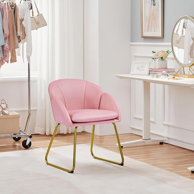 Yaheetech Modern PU Leather Armchair Flower Shaped Makeup Chair Vanity Chair with Golden Metal Legs for Living Room/Makeup Room/Bedroom/Home Office/Kitchen Simple Pink