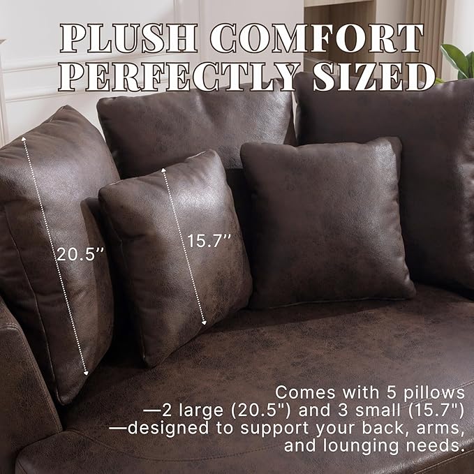 54.9''W Oversized Accent Barrel Chair Upholstered Faux Leather Comfy Couch Sofa with 5 Pillows for Bedroom Living Room Apartment Studio Brown.