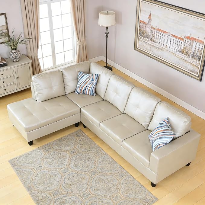 103.5 Inch Modern L-Shaped Couch PU Leather Sectional Sofa with Chaise Lounge 4-Seater Couch with Accent Pillows for Living Room Apartment Bright Light Grey