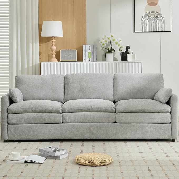 89 Oversized Cozy Upholstered 3-Seater Sofa Comfy Cloud Sofa with Detachable Lumbar Pillow Chenille Fabric Cloud Sofa Double Cushion Couch for Living Room (Light Grey-3c)