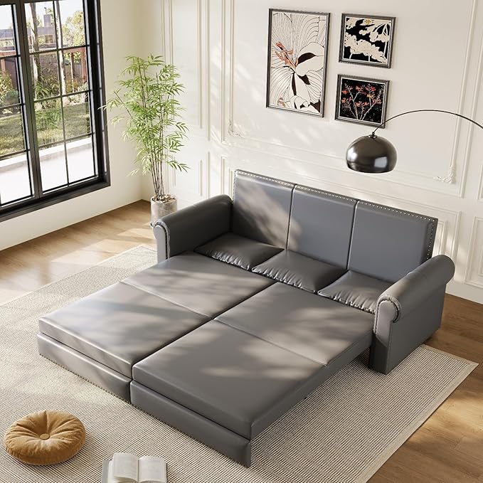 93.7 King Size Chesterfield 3-seat Pull Out Sofa Bed Leather Sofa Bed with Nailhead Trim and Rolled Arm 3-in-1 Sofa Sleeper for Living Room Apartment Office Grey