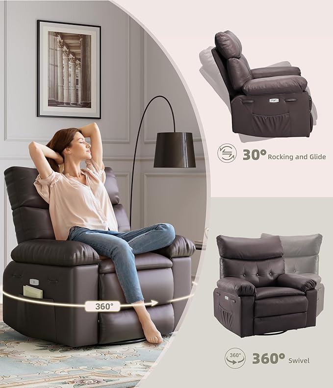 27'' Oversized Rocker Recliner Chair PU Leather 360° Manual Rocker Swivel Recliner for Adults Lazy Chair with 1.5X Sponge Comfort Arm and Back for Living Room Bedroom