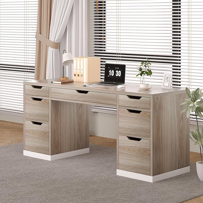 Computer Desk with Storage Drawers 54 Inch Executive Desk with 7 Drawers for Bedroom Office Desk with File Drawers for Work Study Writing Small Spaces White and Walnut