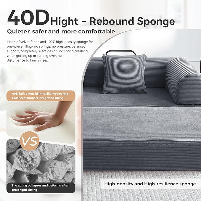 Sofa Bed Corduroy Sleeper Sofa Bed with Fixed Frame Floor Sofa Lounge with Pillow Convertible Folding Mattress Couch for Living Room Bedroom Lounge Studio (Dark Grey)