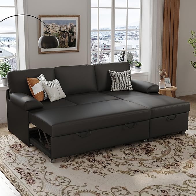80 inch Convertible Sectional Sofa L-Shaped Sofa Sleeper with Reversible Chaise Faux Leather Couch Bed with StorageRemovable ArmrestModern Pull Out Bed for Living Room BedroomBlack