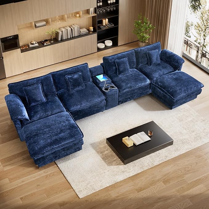 152 Oversized Modular Sectional Sofa U Shaped Cloud Couch Modern 6 Seat Sofa Set for Living Room Comfy Chenille Couch with Storage Central Console Movable Ottomans Cup Holders USB Ports Blue