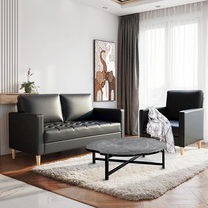 AILEEKISS Mid-Century Sectional Sofa Set for Living Room Faux Leather Office 2 Pcs Couch Set with Armrest Modern Upholstered Loveseat Couches (1-Seater+2-Seater Black)