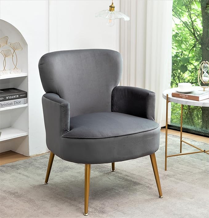 Trendy Velvet Accent Chair with Gold Metal Legs Upholstered Armchair for Small to Mid-Size Spaces Modern Living Room Bedroom Vanity Desk and Entryway Grey