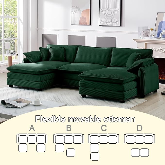 115 Oversize Modular Cloud Couch Sectional - Deep Seat U-Shaped Sofa 3 Seats with 2 OttomansPet-Friendly FabricGreen Corduroy