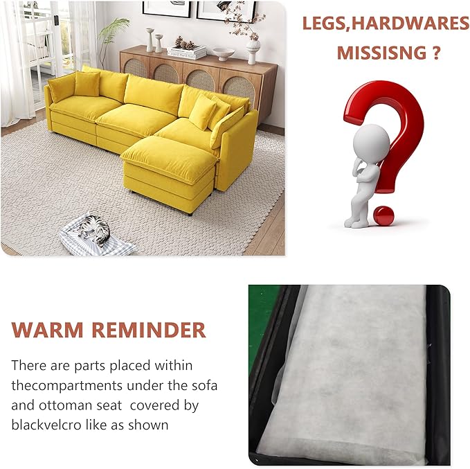 Setawix Deep 3 Seater Couch with Ottoman112.2 L-Shaped Cloud Couches for Living RoomChenille Cloud Sofa Couch with Deep SeatModular Sectional L Shape 3 Seat Sofa for Bedroom (Yellow 3+1)