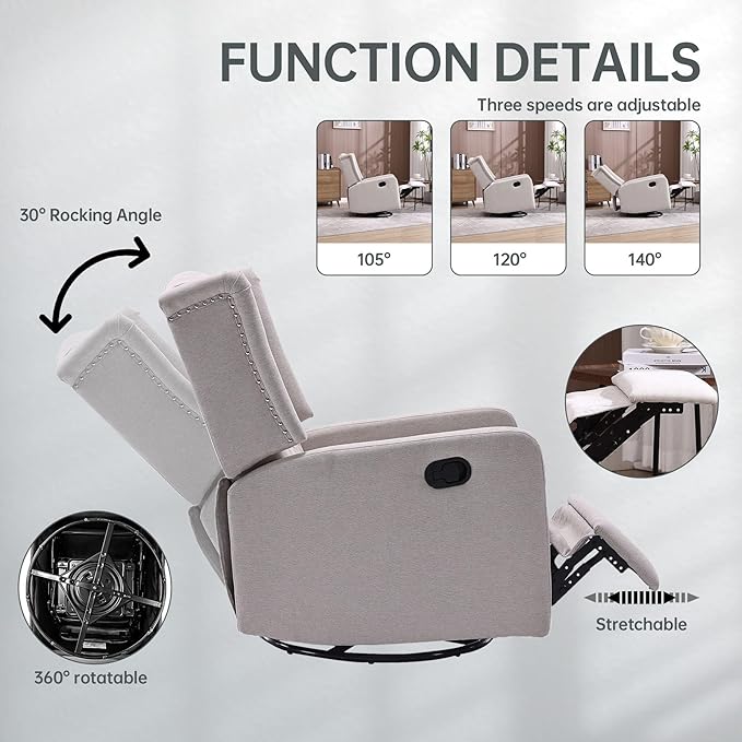 Glider Recliner Nursery Chair Cozy Linen Rocking Chair Nursery Recliner with Adjustable Button Backrest and Footrest Swivel Recliner Chair for Living Room Bedroom Office (Beige)