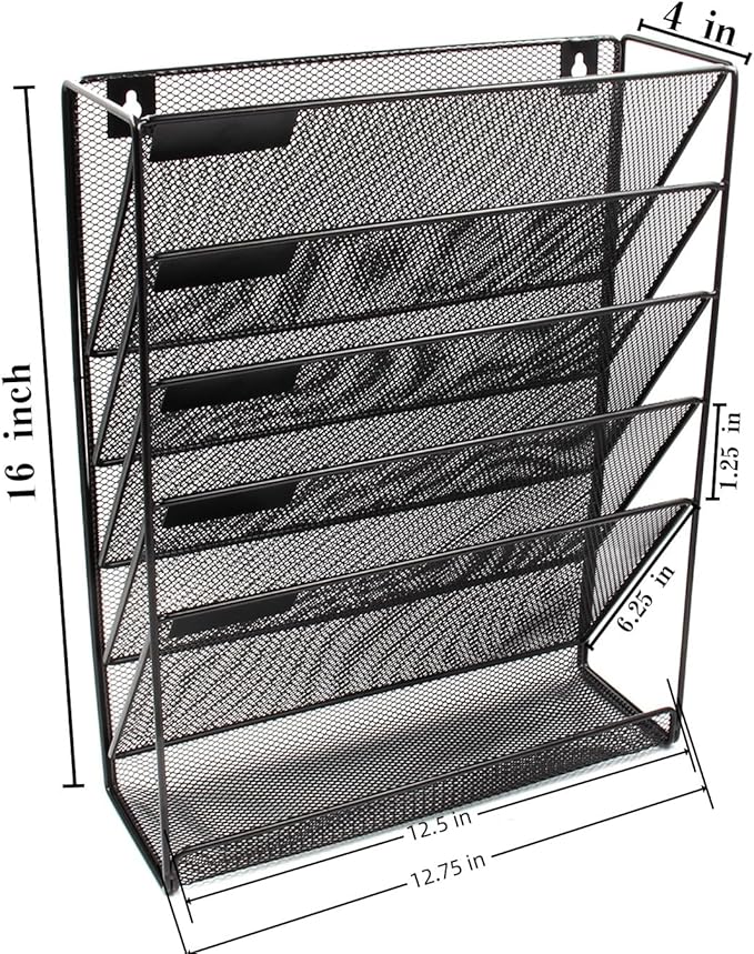 EasyPAG 5 Tier Wall File Holder Mesh Hanging Folder Organizer with Classify Label Versatile Desk File Holder Vertical Wall Mounted Mail Organizer for Office Home Cubicle Black