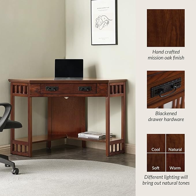 Leick Home 82430 Mission Corner Desk Writing Computer Desk with Drop Front Keyboard Drawer for Home Office Solid Wood Mission Oak