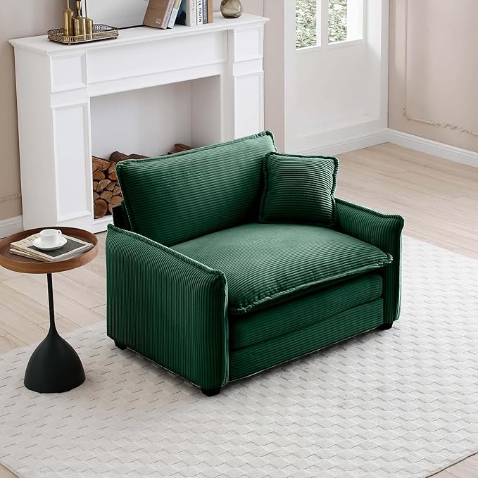 Oversized Deep Seat Single Sofa Chair 46 in Stylish Accent Couch Chair with One Throw Pillow Upholstered Corduroy Fabric Comfy Armchair for Living Room Bedroom Green