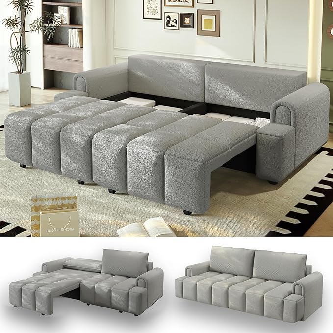90.2 Futon Sofa Bed King 3-in-1 Teddy Convertible Sofa Upholstered Loveseat Couch with Pull Out Bed L Shape Couches Small Spaces Deep Seat Storage for Living Room Apartment Light Grey
