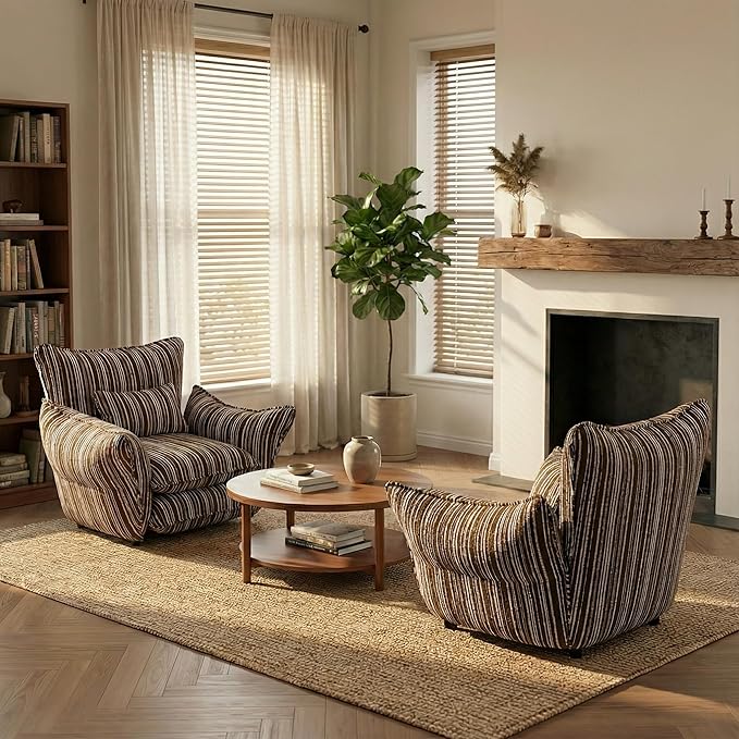 Chenille Accent Chair with Lumbar Pillow Brown Stripe Wide Armrests Deep Seat 7 Inch High-Density Foam 350 lbs Capacity