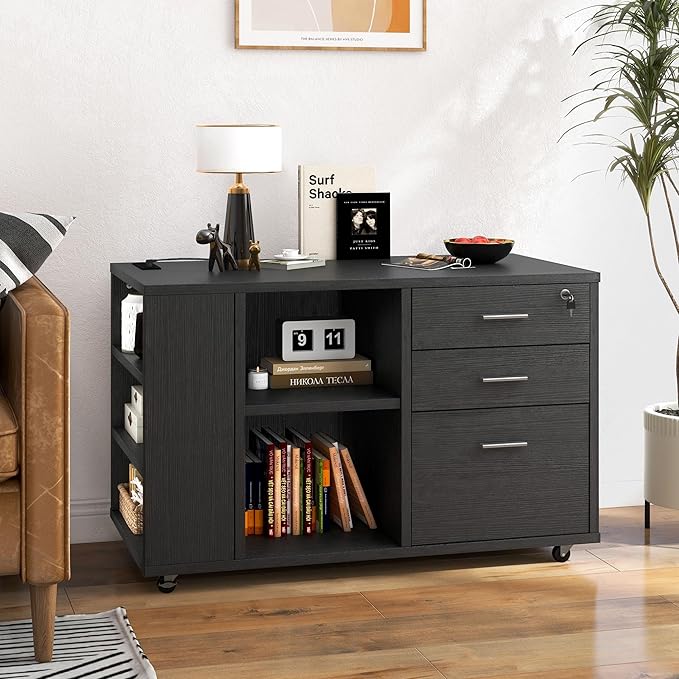 DWVO File Cabinet with Charging Station 3 Drawer Mobile Filing Cabinet with Lock Printer Stand with Open Storage Shelf for Home Office Black