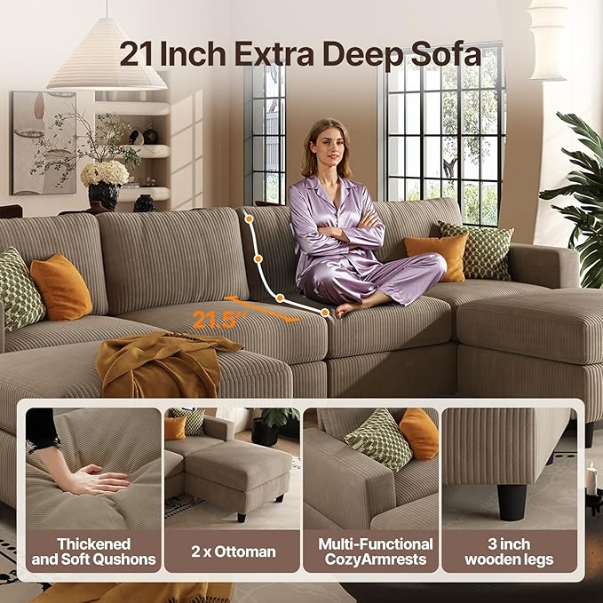 101 Inch Brown Corduroy Sectional Sofa U Shaped Sectional Sofa with 2Ottomans 6 Seater Convertible Corduroy Sofa Comfortable Living Room Couch (Camel 4 Seat with 2 Ottoman)