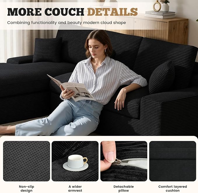 112 Modular Sectional Sofa for Living Room Convertible L-Shape Couch with OttomanCloud Boneless Couch with Layered CushionBlack Corduroy