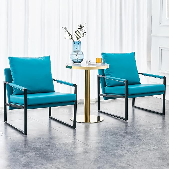 Upholstered Armchair Modern Accent PU Leather Chair Living Room Chairs with Golden Metal Legs and Soft Padded Sofa Chairs for Home Office/Bedroom/Dining Room Cyan